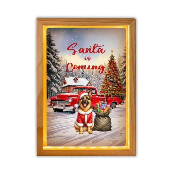 Santa is Coming German Shepherd Merry Christmas Xmas Noel Truck Tree Acrylic Plaque with Wood Photo Frame Box Alsatian Dog Lover Gifts Light Box - 02023