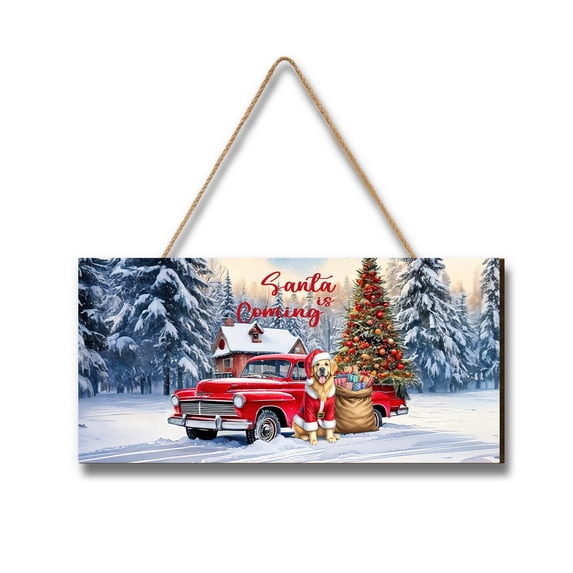 Santa is Coming Golden Retriever Merry Christmas Xmas Noel Truck Tree Landscape Wood Sign Goldens Dog Lover Gifts Idea Hanging Wall Home Decor - 02023