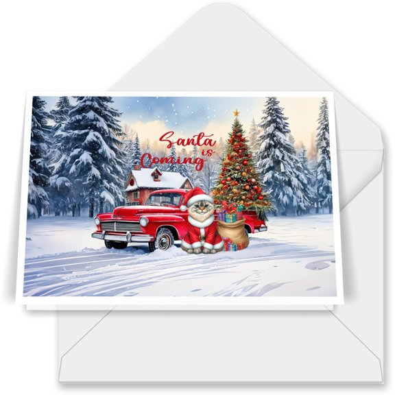 Santa is Coming Manx Merry Christmas Xmas Noel Truck Tree 7x5in Folded Greeting Card Cat Lover Kitten Owner Gifts Single Note Card with Envelope - 02023