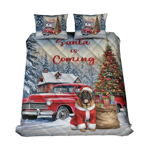 Santa is Coming Mastiff Merry Christmas Xmas Noel Truck Tree Quilt Bedding Set Mastiffs Dog Lover Gifts Idea 1 Blanket Bed Cover 2 Pillowcases - 02023