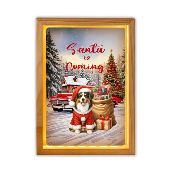 Santa is Coming Miniature American Shepherd Merry Christmas Xmas Noel Truck Tree Acrylic Plaque with Wood Photo Frame Box MAS Dog Lover Gifts Light Box - 02023