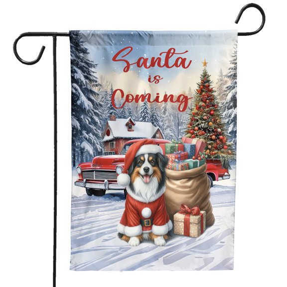 Santa is Coming Miniature American Shepherd Merry Christmas Xmas Noel Truck Tree Garden Flag 12x18in Double Sided MAS Dog Lover Gifts Outdoor Decor - 02023