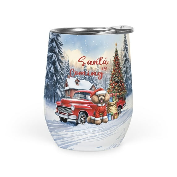 Santa is Coming Poodle Merry Christmas Xmas Noel Truck Tree 12oz Stainless Steel Wine Tumbler Insulated Cup with Lid Poodles Dog Lover Gifts Idea - 02023