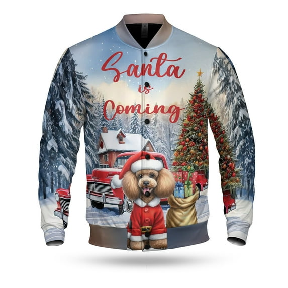 Santa is Coming Poodle Merry Christmas Xmas Noel Truck Tree All Over Print 3D Baseball Jacket Poodles Dog Lover Gifts Idea Bomber Jacket Softball - 02023
