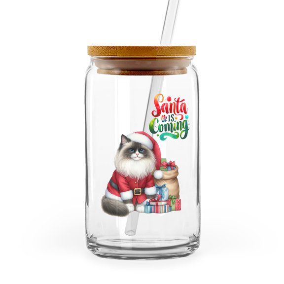 Santa is Coming Ragdoll Merry Christmas Xmas Noel Truck Tree 16oz Glass Cup Mug Cat Lover Kitten Owner Gifts Idea Glass Can with Bamboo Lid and Straw - 02023