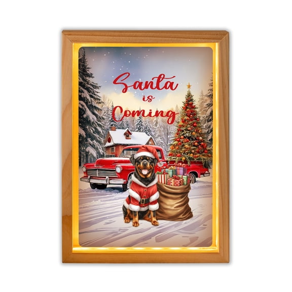 Santa is Coming Rottweiler Merry Christmas Xmas Noel Truck Tree Acrylic Plaque with Wood Photo Frame Box Rottie Dog Lover Gifts Idea Light Box - 02023