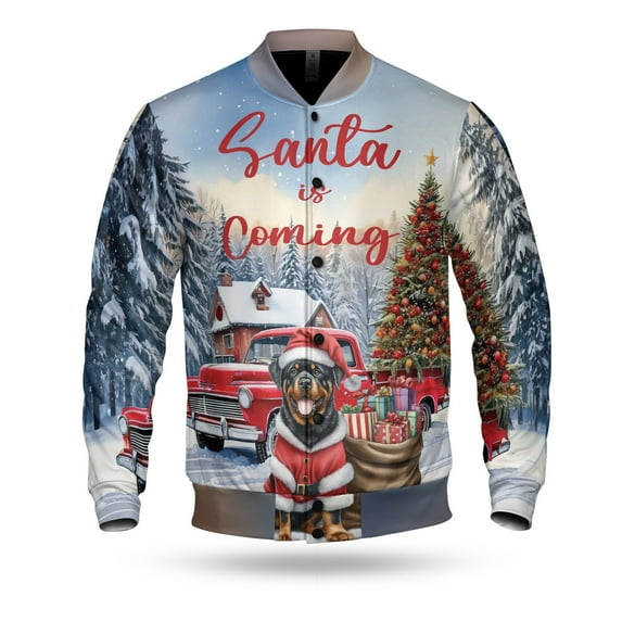 Santa is Coming Rottweiler Merry Christmas Xmas Noel Truck Tree All Over Print 3D Baseball Jacket Rottie Dog Lover Gifts Idea Bomber Jacket Softball - 02023