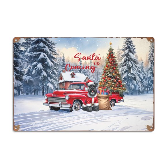 Santa is Coming Schnauzer Merry Christmas Xmas Noel Truck Tree Horizontal Metal Aluminum Sign Miniature Schnauzer Dog Lover Wall Art Home Decor - 02023