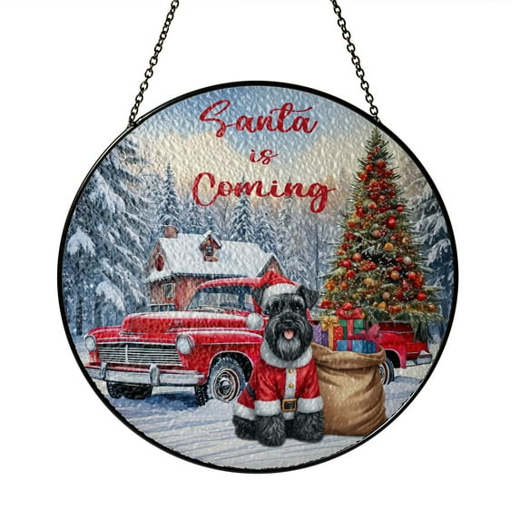 Santa is Coming Schnauzer Merry Christmas Xmas Noel Truck Tree Stained Glass Suncatcher Miniature Schnauzer Dog Lover Window Hanging Sign Decor - 02023