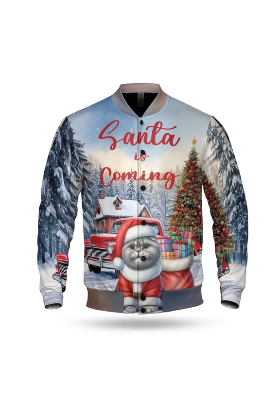 Santa is Coming Scottish Fold Merry Christmas Xmas Noel Truck Tree All Over Print 3D Baseball Jacket Cat Lover Kitten Owner Gifts Bomber Jacket Softball - 02023