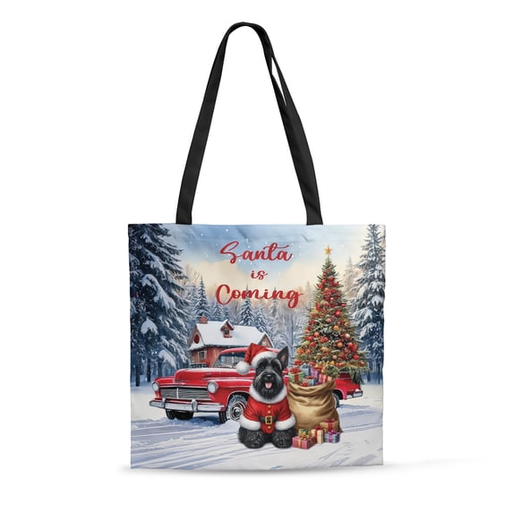 Santa is Coming Scottish Terrier Merry Christmas Xmas Noel Truck Tree All Over Print 3D Canvas Tote Bag Scottie Dog Lover Gifts Reusable Handbag - 02023