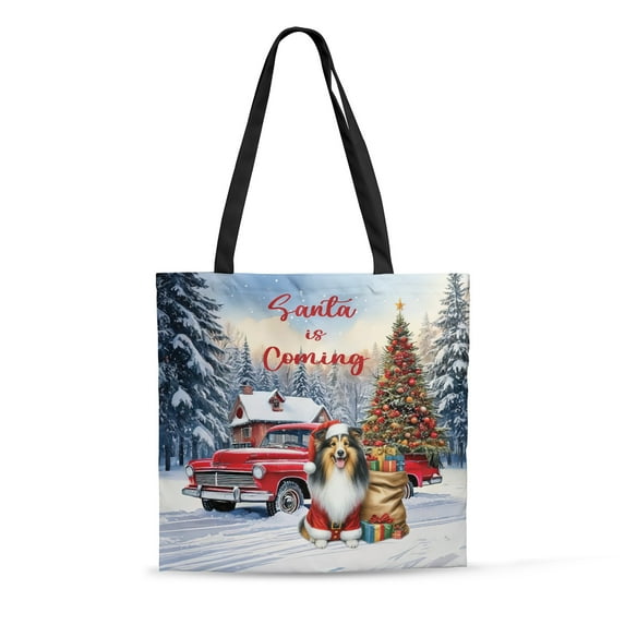 Santa is Coming Shetland Sheepdog Merry Christmas Xmas Noel Truck Tree All Over Print 3D Canvas Tote Bag Sheltie Dog Lover Gifts Reusable Handbag - 02023