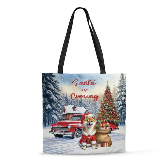 Santa is Coming Shiba Inu Merry Christmas Xmas Noel Truck Tree All Over Print 3D Canvas Tote Bag Shibas Dog Lovers Gifts Idea Reusable Handbag - 02023