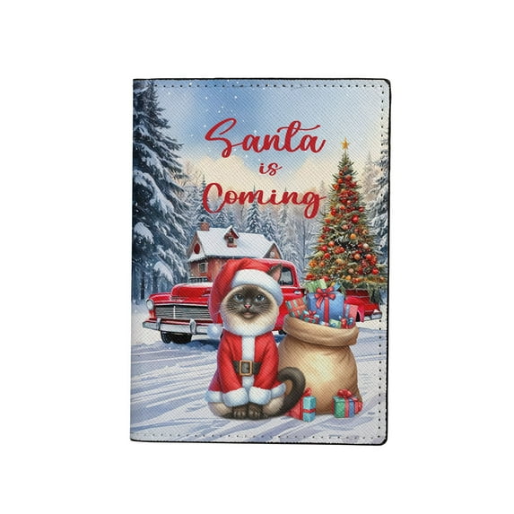 Santa is Coming Siamese Merry Christmas Xmas Noel Truck Tree Travel Passport Wallet Cat Lover Kitten Owner Gifts PU Leather Passport Holder Cover - 02023