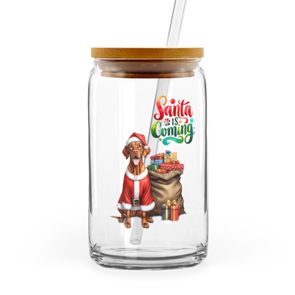 Santa is Coming Vizsla Merry Christmas Xmas Noel Truck Tree 16oz Glass Cup Mug Vizslas Dog Lover Gifts Idea Glass Can with Bamboo Lid and Straw - 02023