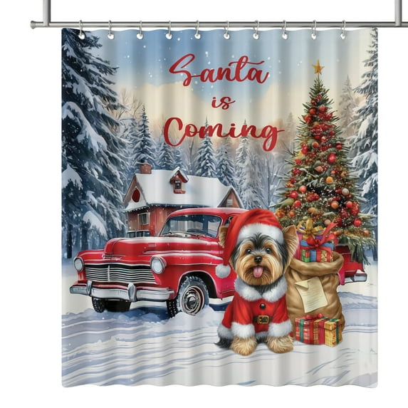 Santa is Coming Yorkshire Terrier Merry Christmas Xmas Noel Truck Tree Shower Curtain Yorkie Dog Lover Gifts Waterproof Bathroom Bathtub Curtain - 02023