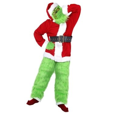 Santa Costume for Men 7PCS Green Christmas Furry Monster Adult Santa Claus Set Deluxe Santa Suit Outfit
