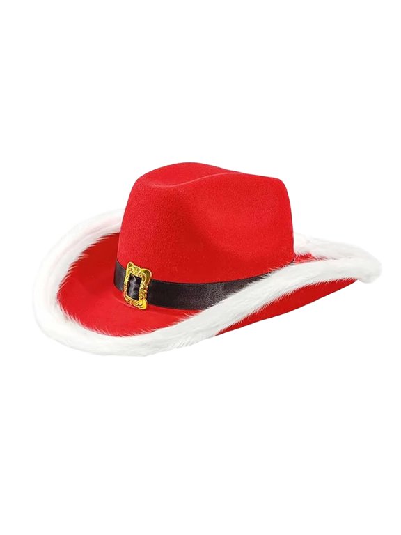 Santa Cowboy Hat for Women - Red Christmas Cowboy Hat with White Feather Trim Christmas Cowboy Hat