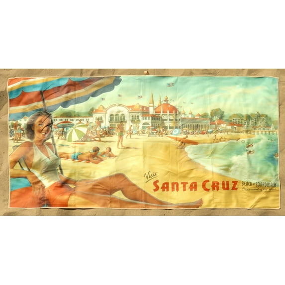 Santa Cruz Beach Microfiber Beach Towel - Quick Dry, Sand Free & Lightweight - Large Beach Towel with Hidden Pocket - Fast Drying Beach Blanket for Travel, Pool, Outdoors - Retro California Art C95