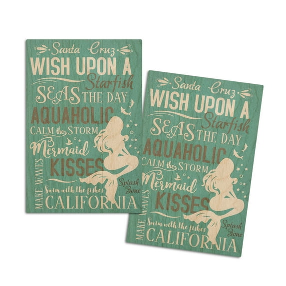 Santa Cruz, California, Mermaid Typography (4x6 Birch Wood Postcards, 2-Pack Stationary, Rustic Home Wall Decor)