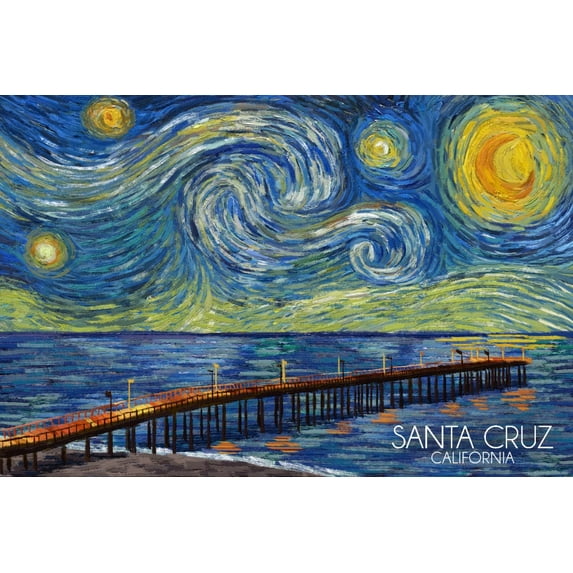 Santa Cruz, California, Starry Night (9x12 Wall Art Print, Home Decor)
