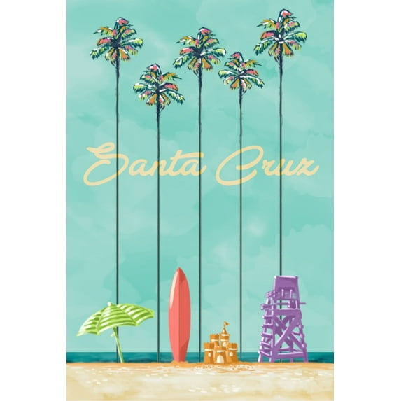 Santa Cruz, California, Tall Palms Beach Scene (24x36 Giclee Gallery Art Print, Vivid Textured Wall Decor)