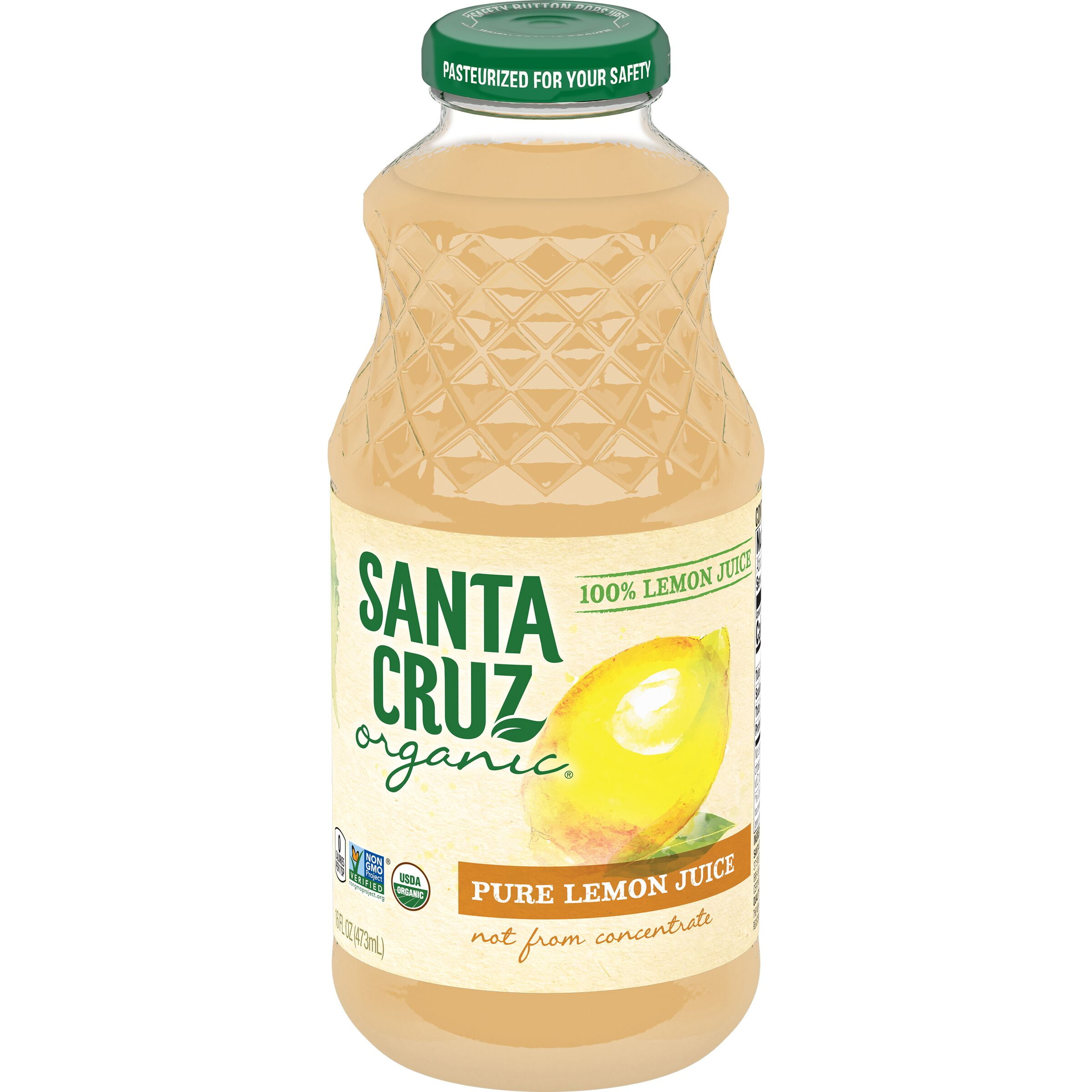 Santa Cruz Organic Pure Lemon Juice, 100% Juice, 16 oz, Glass Bottle 