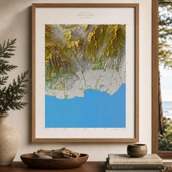 Santa Cruz Topographic Map 3D Shaded Relief Art Print Poster, Poster Only