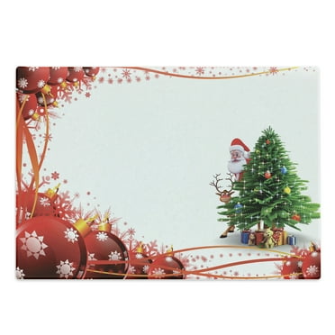Santa Cutting Board, Father Christmas and Reindeer Smiling Behind a Pine Tree in Red Balls Frame, Decorative Tempered Glass Cutting and Serving Board, Large Size, Multicolor, by Ambesonne
