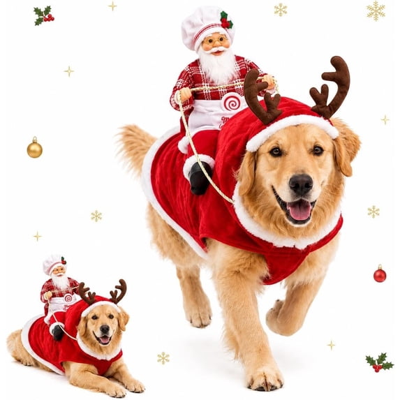 Santa Dog Costume, Santa Rider Pet Christmas Costume, Christmas Pet Outfit Cozy Holiday Party Wear with Reindeer Hood Design, Style-C, XXL
