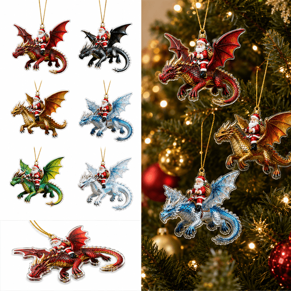 Santa Dragon Riders Ornament, Acrylic Christmas Tree Ornament with 3D Visual Effect, Metallic Gold Dragon Rider Santa Design