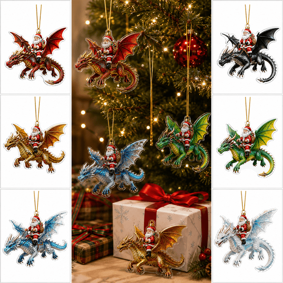 Santa Dragon Riders Ornament, Fantasy Dragon Christmas Decor, Lightweight Acrylic Hanging Ornament with Santa Rider Design, Green Dragon