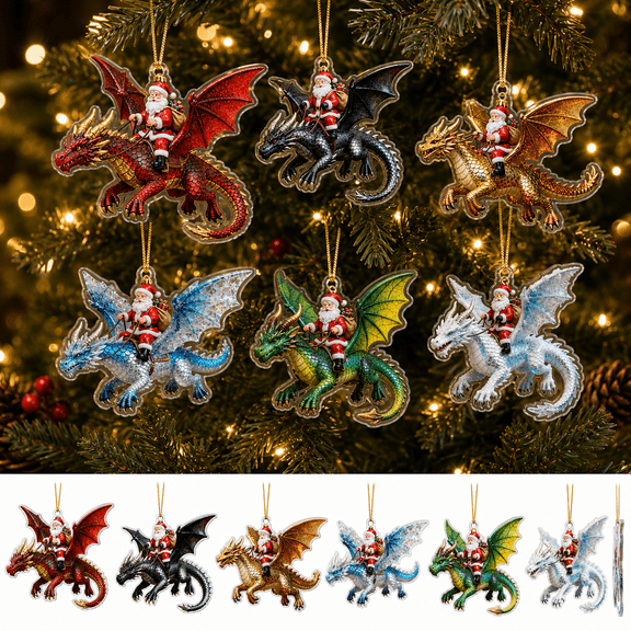 Santa Dragon Riders Ornament, Flat Acrylic Christmas Tree Hanging Decor, Santa Riding Blue Ice Dragon Fantasy Holiday Ornament