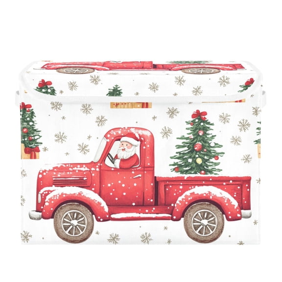 Santa Driving Car with Christmas Trees Snow Foldable Storage Bin with Lid and Handle Collapsible Storage Box 16.5 x 12.6 x 11.8 inches