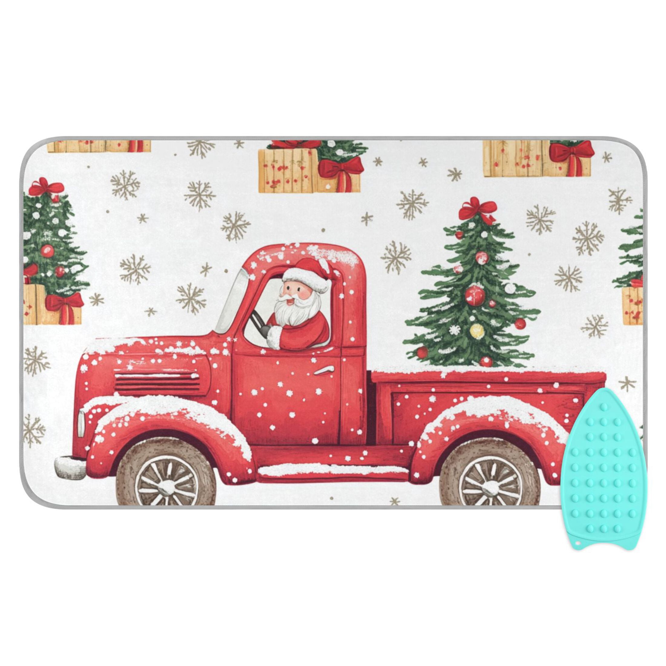 Santa Driving Car with Christmas Trees Snow Ironing Mat Blanket Portable Travel Ironing Pad Heat Resistant Pad 47.2" x 27.6”