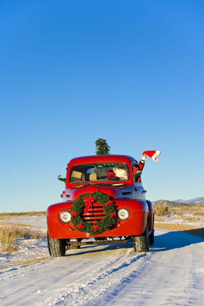 Santa Driving A Vintage Red Ford Pick-Up Truck Down A Snowcovered Rural Road In The Rio Grande Valley Of New Mexico Canvas Art - Michael DeYoung Design Pics (11 x 17)