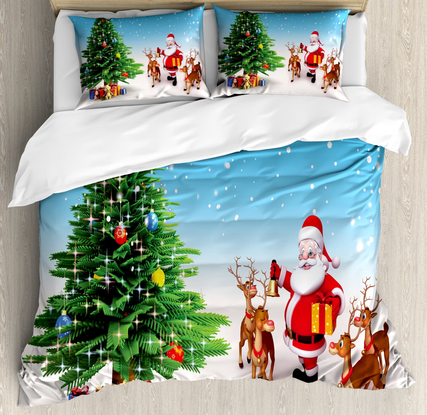 Festive Christmas Santa and Reindeer Queen Duvet Cover Set