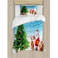 thumbnail image 1 of Santa Duvet Cover Set Twin Size, Reindeer with Jingle Bells Gather Around Father Christmas Festive Tree with Presents, Decorative 2 Piece Bedding Set with 1 Pillow Sham, Multicolor, by Ambesonne, 1 of 3