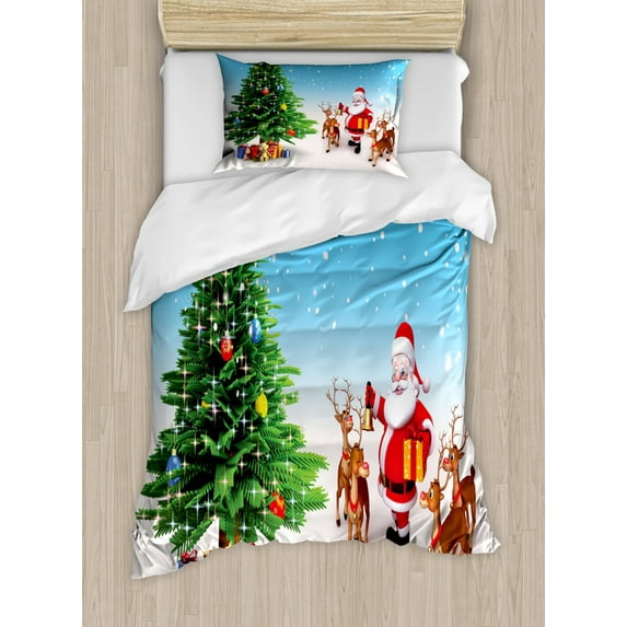 Santa Duvet Cover Set Twin Size, Reindeer with Jingle Bells Gather Around Father Christmas Festive Tree with Presents, Decorative 2 Piece Bedding Set with 1 Pillow Sham, Multicolor, by Ambesonne