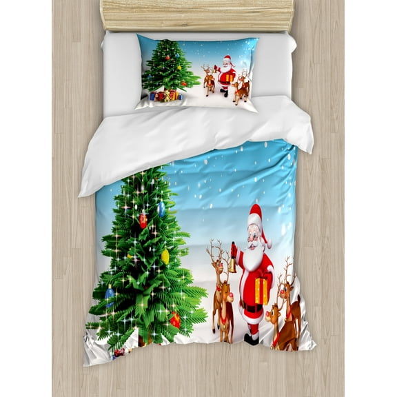 Santa Duvet Cover Set Twin Size, Reindeer with Jingle Bells Gather Around Father Christmas Festive Tree with Presents, Decorative 2 Piece Bedding Set with 1 Pillow Sham, Multicolor, by Ambesonne