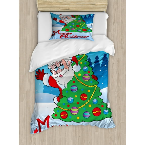 Santa Duvet Cover Set Twin Size, Santa Claus Waving Hello Behind a Colorful Festive Xmas Pine Tree in Snowy Forest, Decorative 2 Piece Bedding Set with 1 Pillow Sham, Multicolor, by Ambesonne