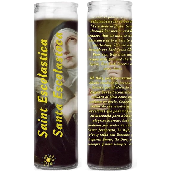 Santa Escolastica Patrona de las Tormentas Saint Scholastic Patron Saint of Storms Set de 2 Veladoras Set of 2 Candles