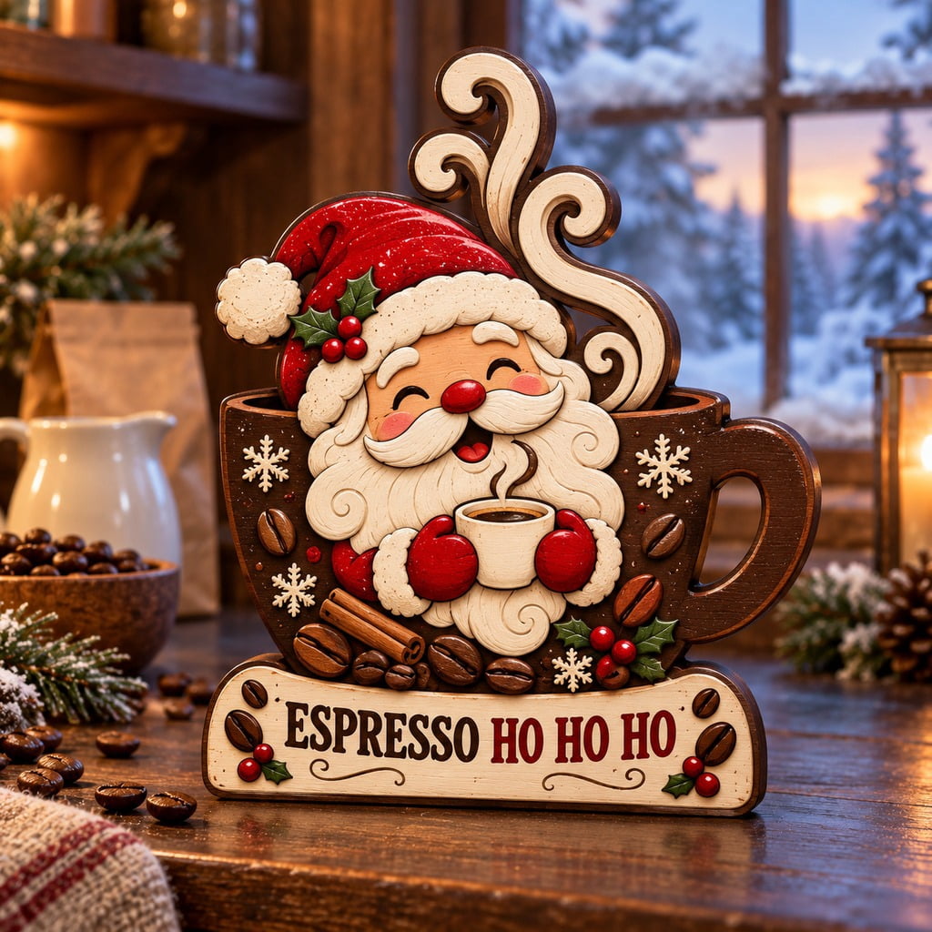 Santa Espresso Coffee Bar Wooden Block 3 Layer Christmas Decor ...