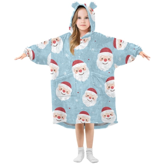 Santa Face Christmas Cheerful Flannel Wearable Blankets Hooded Design Long Sleeves Wrap Unisex for 3T-14Y L