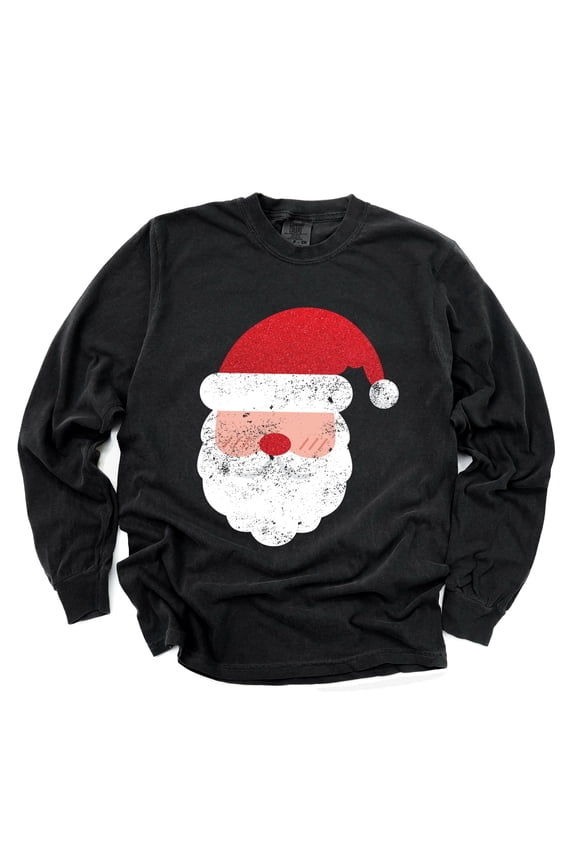 Santa Face Glitter - Womens Garment Dyed Long Sleeve