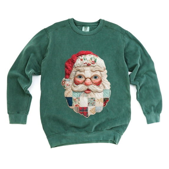 Santa Face Patchwork Print - Women's Garment Dyed Sweatshirt