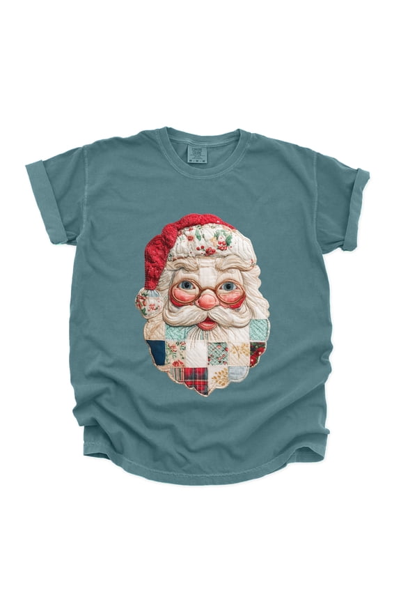 Santa Face Patchwork Print - Women's Garment Dyed Tee