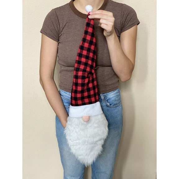 Santa Face Plush Gnome Soft Fabric Hanging Ornament Red Black Plaid Checkered Design 26" x 6"