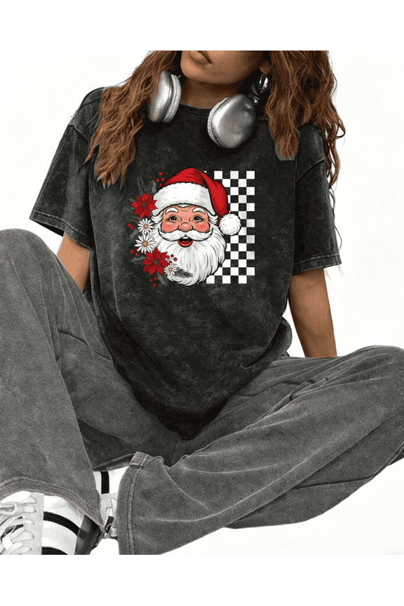 Santa Face Print Tshirt Black Christmas Graphic Tees Shirts S-2XL Holiday Tops
