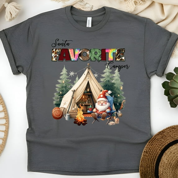 Santa Favorite Camper T-Shirt | Funny Christmas Camping Graphic Tee, Dark Heather, Size 2XL